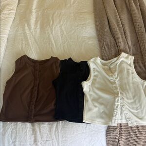 Button-Front crop Tops- Brown, Black, white 3 pack